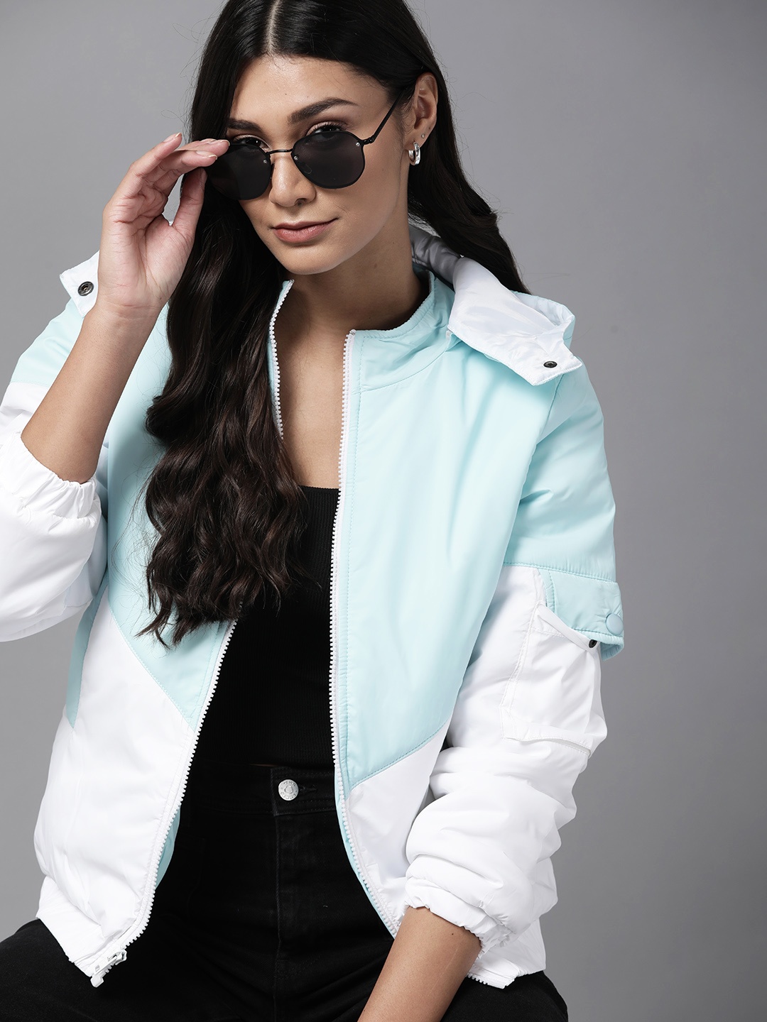 

Roadster Women White & Blue Colourblocked Padded Jacket