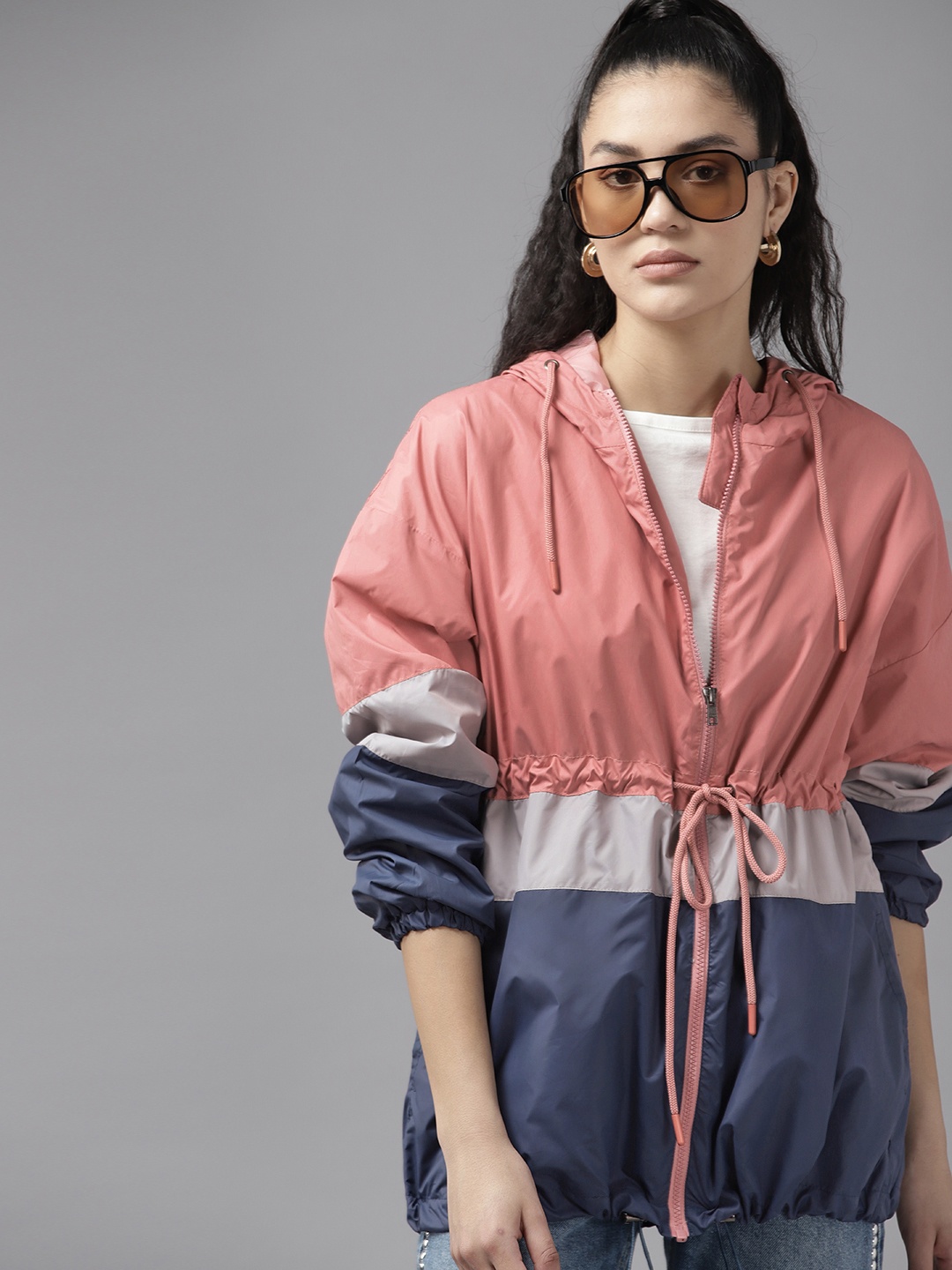 

The Roadster Lifestyle Co. Women Colourblocked Hooded Bomber Jacket, Pink