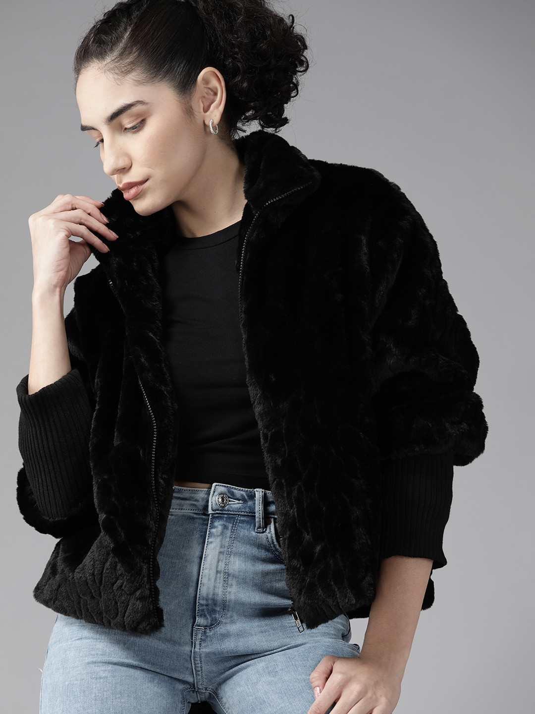 

Roadster Women Black Faux Fur Tailored Jacket