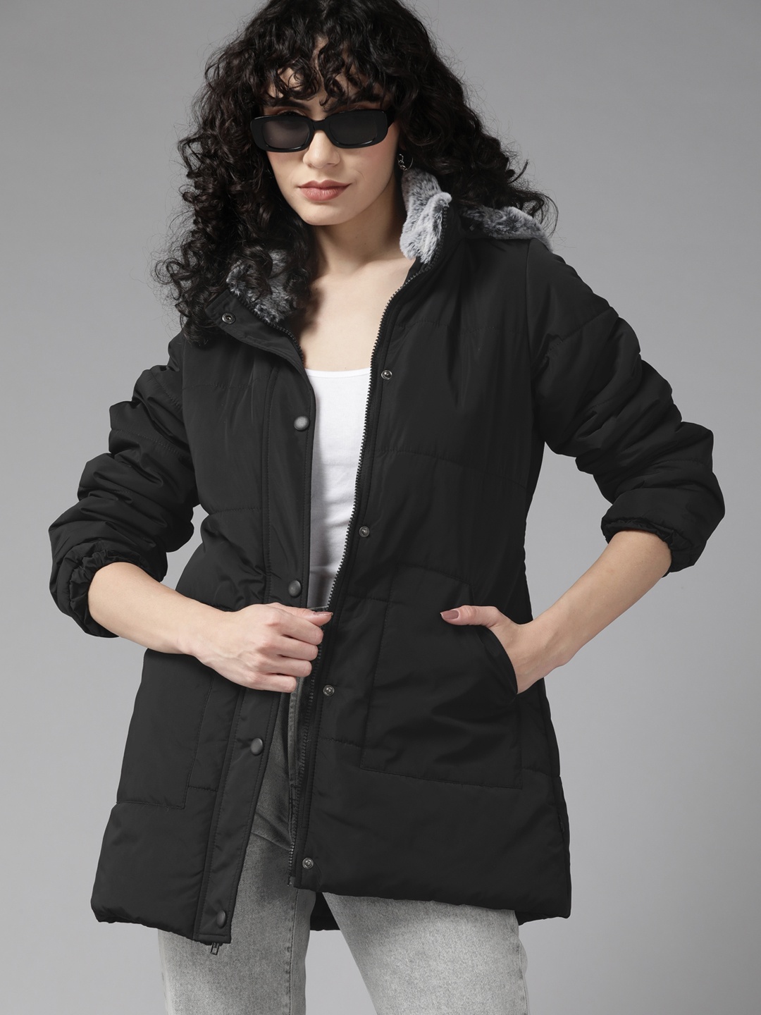 

Roadster Women Black Solid Longline Parka Jacket