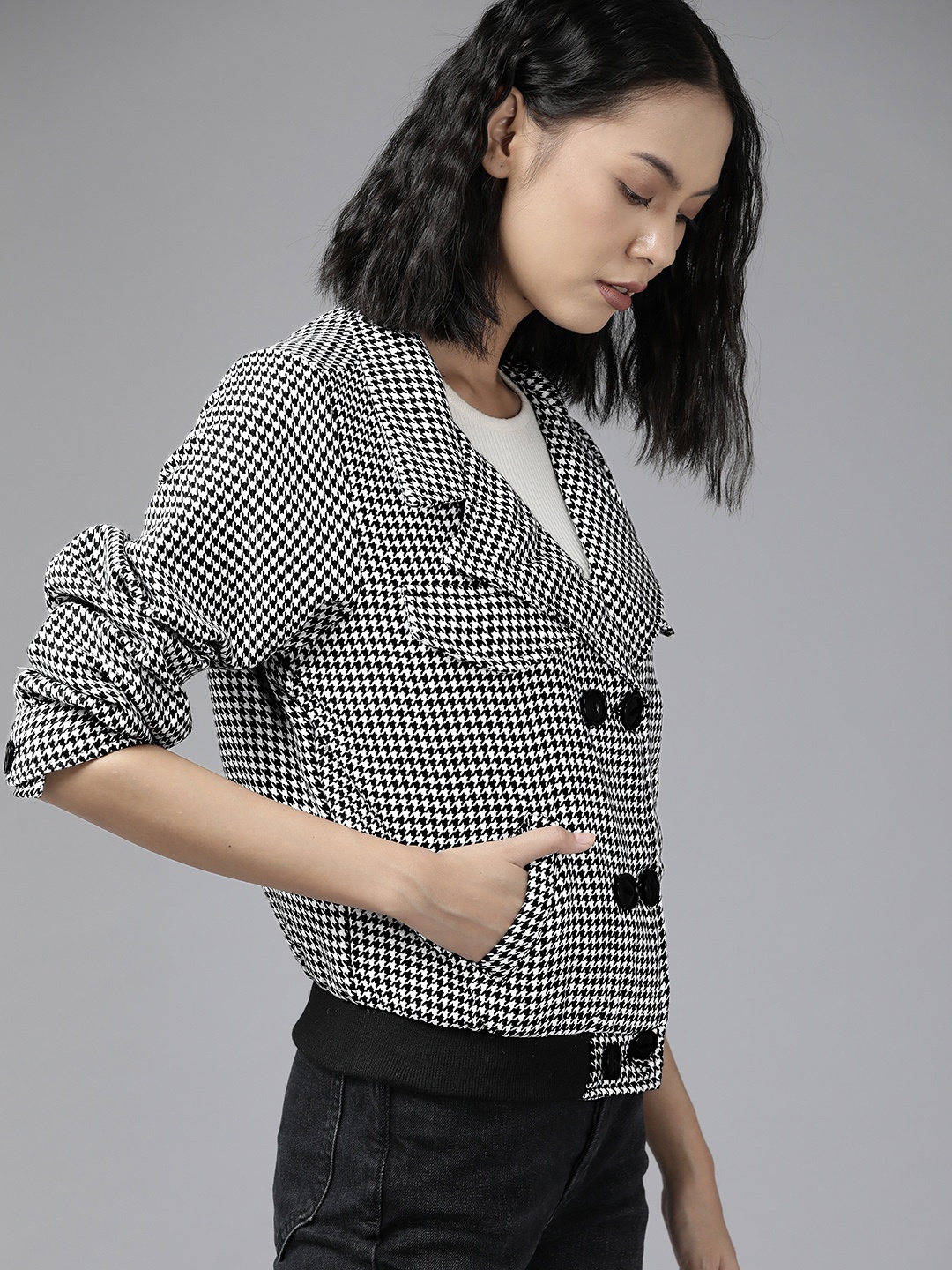 

Roadster Women White & Black Self-Design Bomber Jacket
