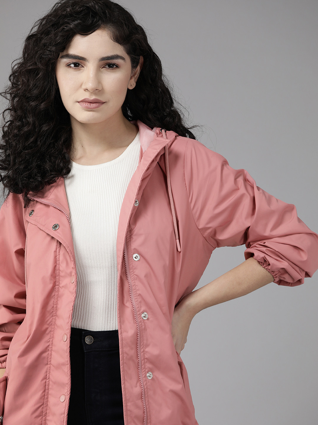

The Roadster Lifestyle Co. Solid Hooded Windcheater Jacket, Rose