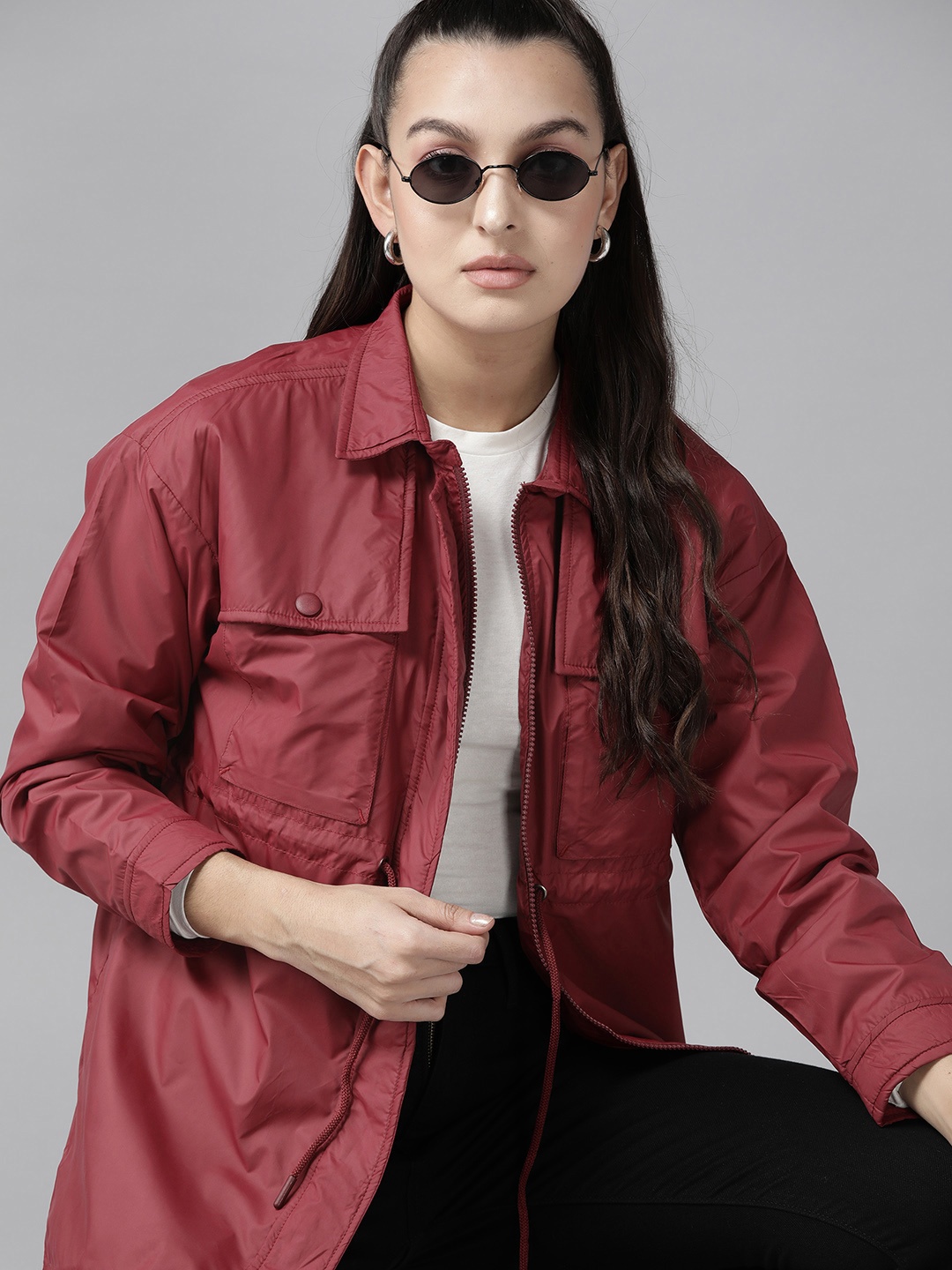 

The Roadster Lifestyle Co. Solid Longline Windcheater Jacket, Maroon