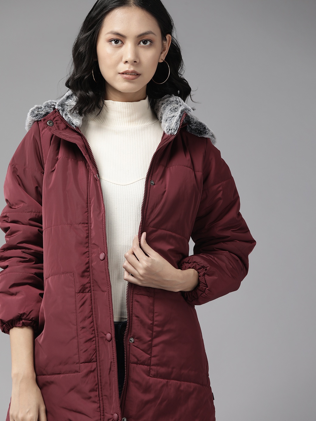 

The Roadster Lifestyle Co. Women Maroon Longline Parka Jacket with Detachable Hood