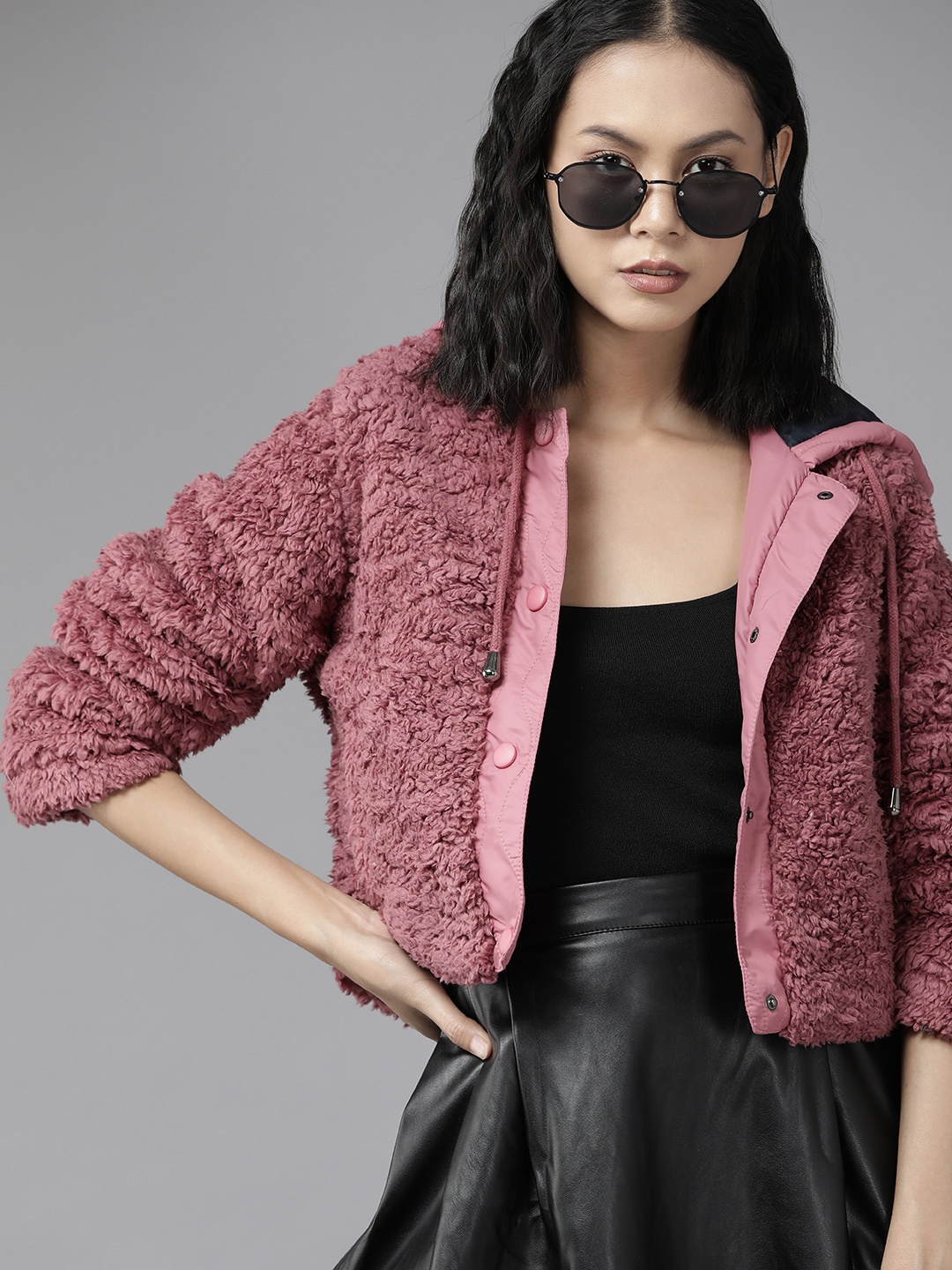 

The Roadster Lifestyle Co. Women Dusty Pink Self-Design Crop Sherpa Hooded Jacket, Rose
