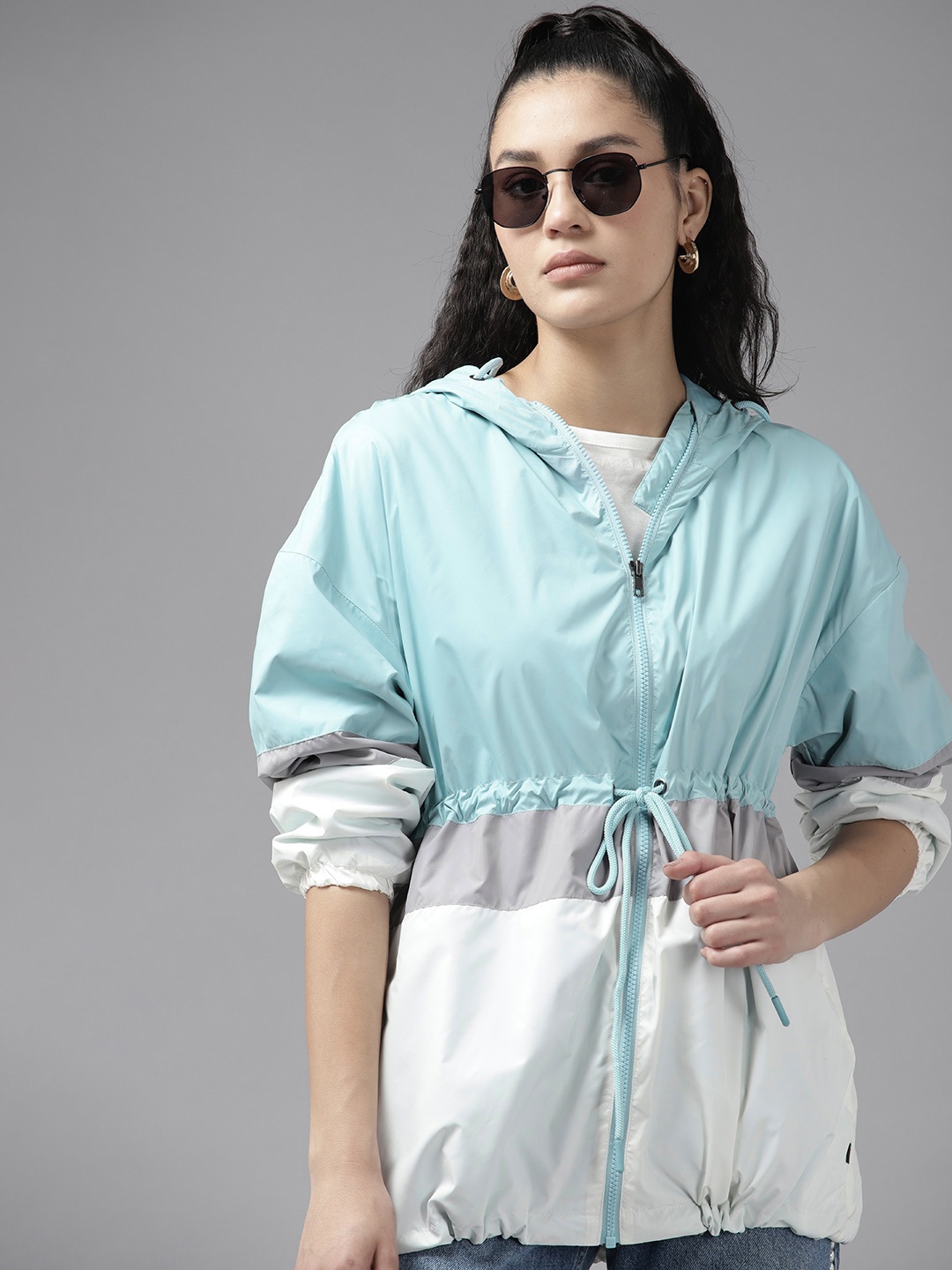 

The Roadster Lifestyle Co. Women Colourblocked Hooded Bomber Jacket, Blue