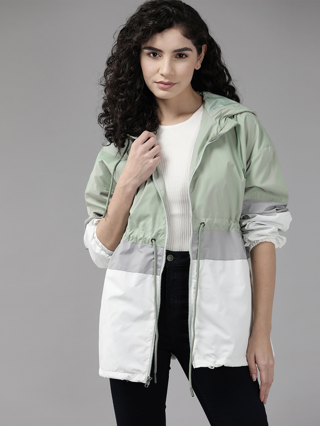 

Roadster Women Colourblocked Windcheater Hooded Tailored Jacket, Green