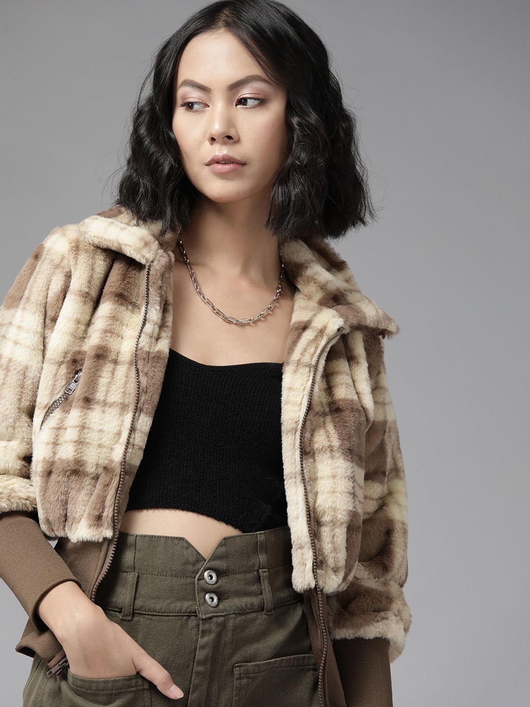 

The Roadster Lifestyle Co. Women Beige & Brown Checked Faux Fur Bomber Jacket