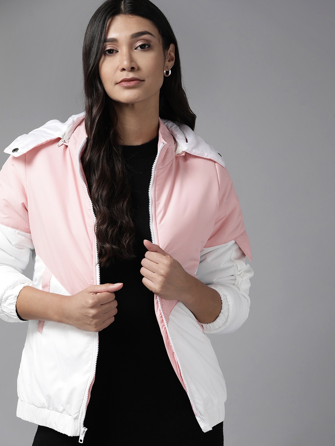 

Roadster Women Peach-Coloured & White Colourblocked Padded Jacket