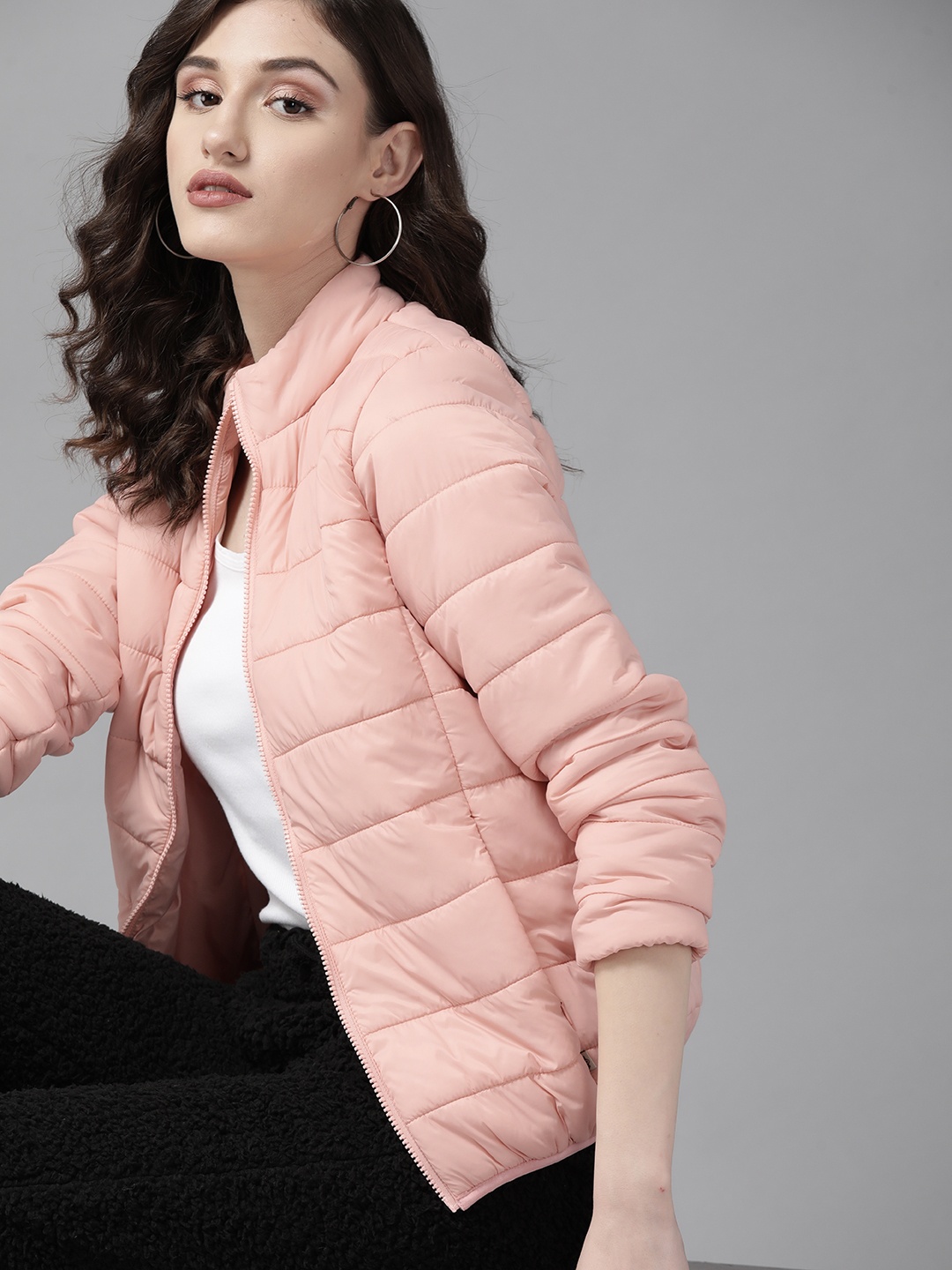 

The Roadster Lifestyle Co. Women Peach-Coloured Solid Padded Jacket with a Pouch