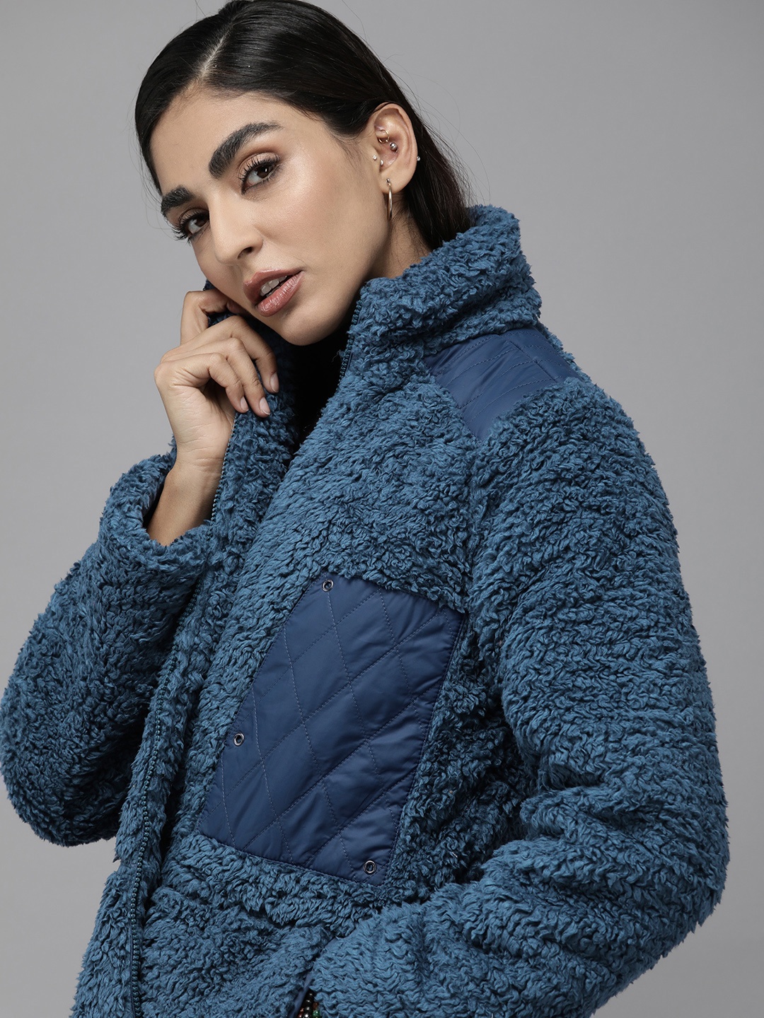 

Roadster Women Navy Blue Fleece Longline Parka with Patchwork Jacket