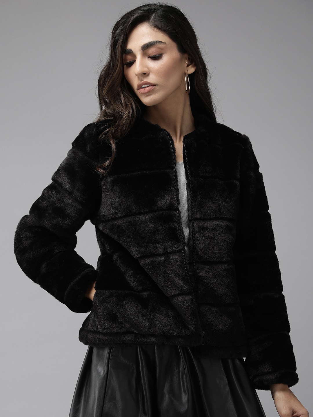 

Roadster Women Black Solid Polyester Padded Fur Jacket