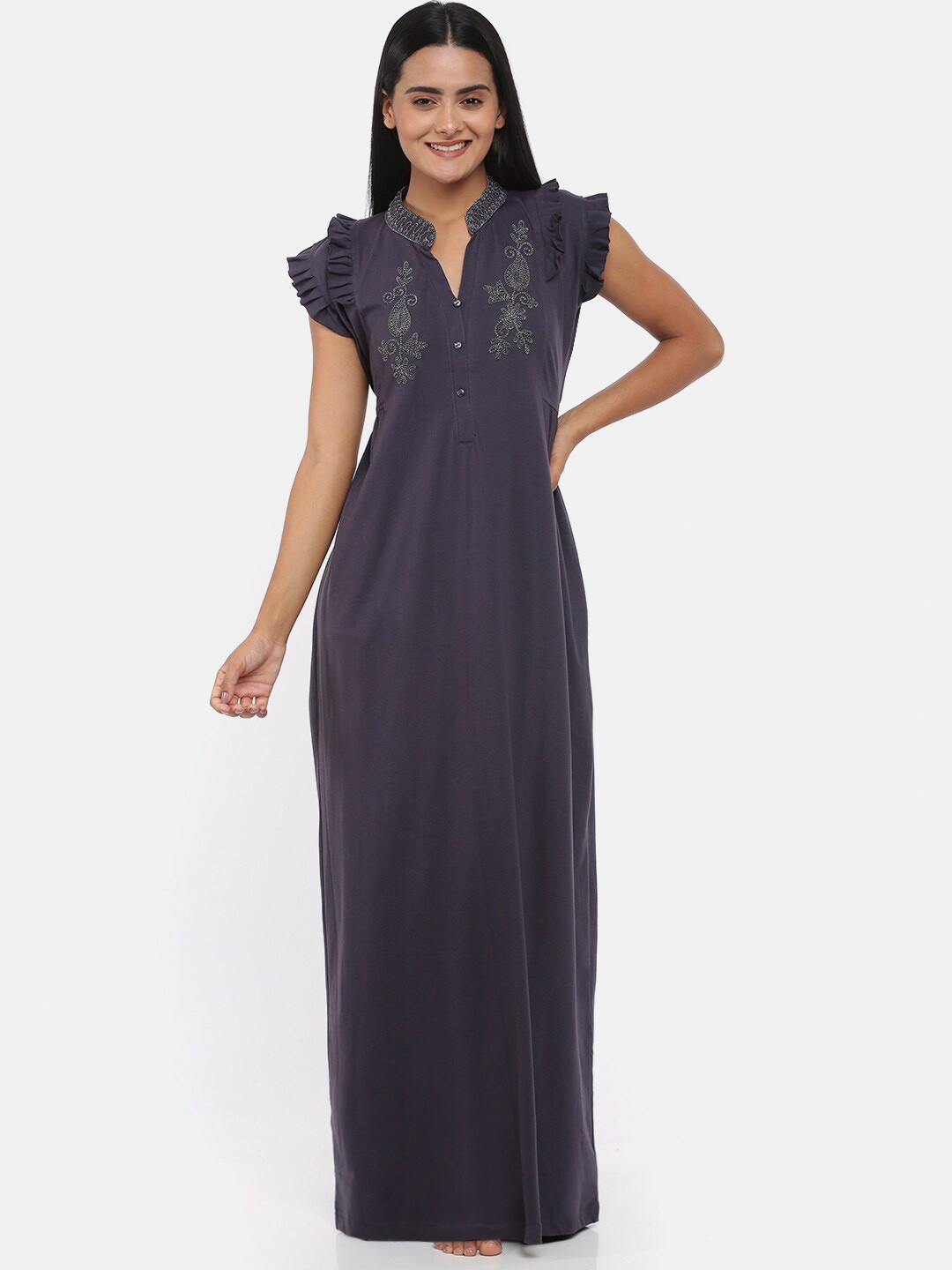 

9shines Label Women Grey Embroidered Maxi Nightdress
