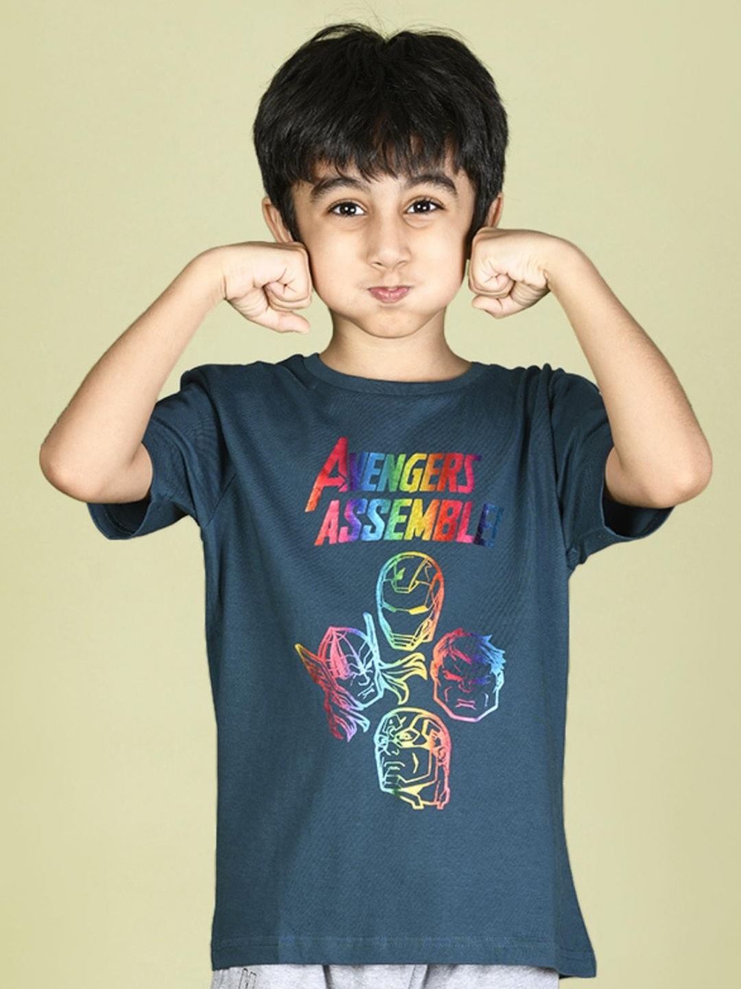 

Nap Chief Kids Teal Avengers Foil Printed Slim Fit T-shirt