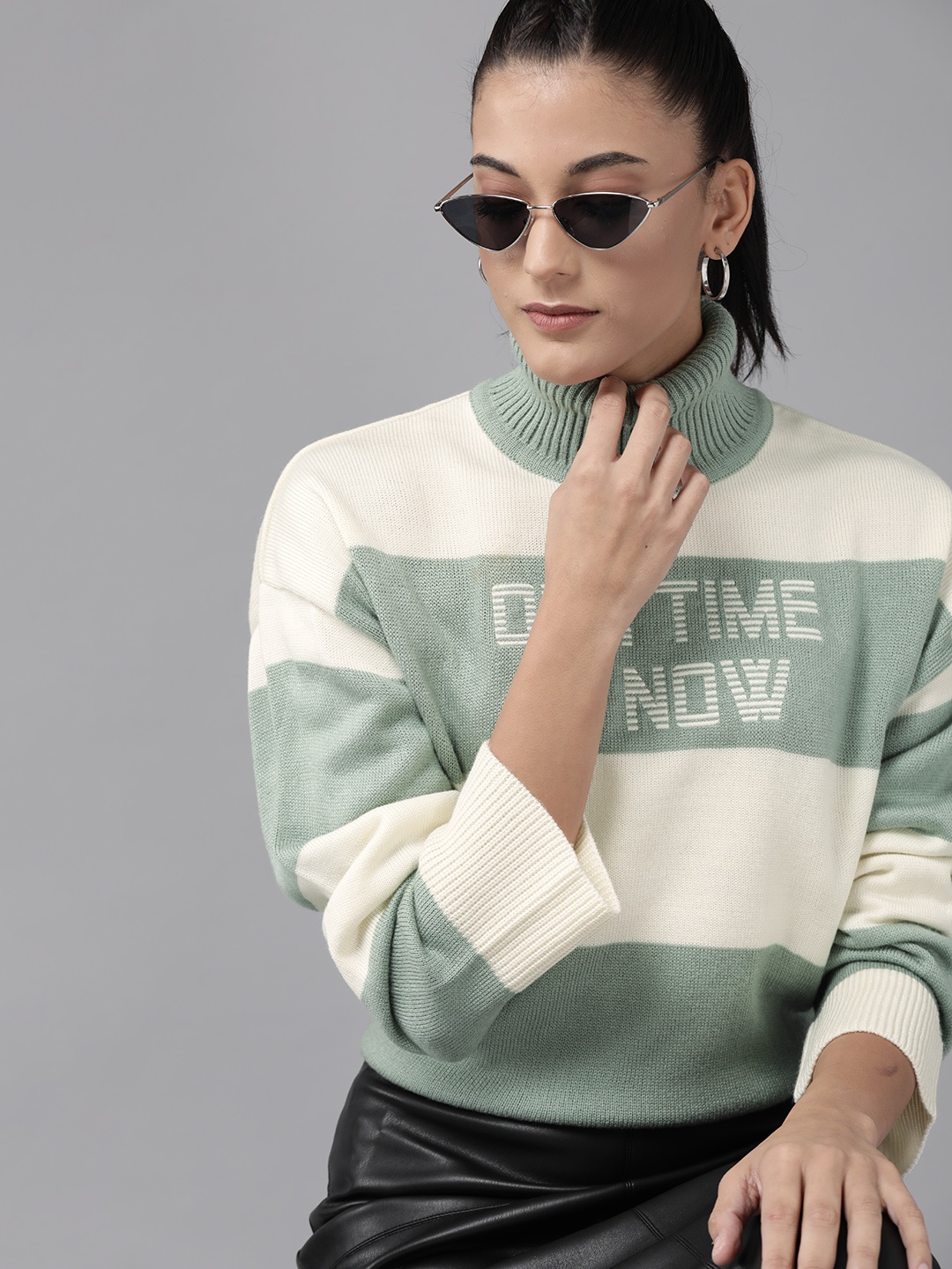 

Roadster Women Green & Off White Colourblocked Pullover