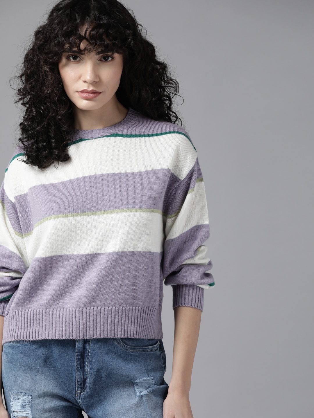 

Roadster Women Lavender & Off White Striped Pullover