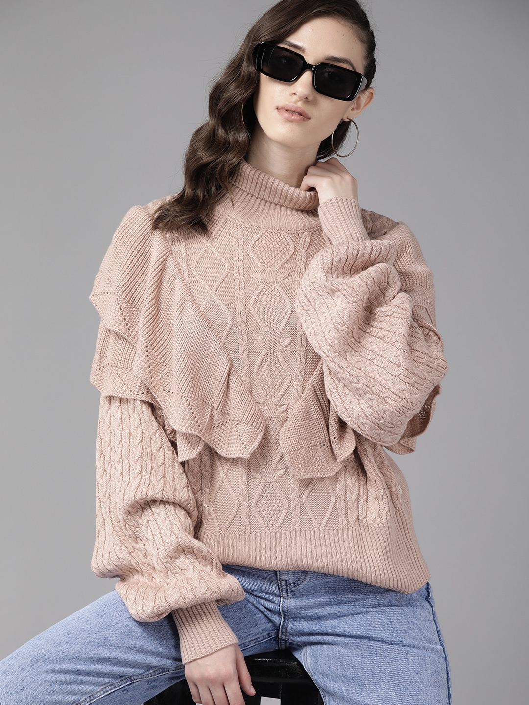 

The Roadster Lifestyle Co. Women Dusty Pink Layered Cable Knit Pullover, Rose