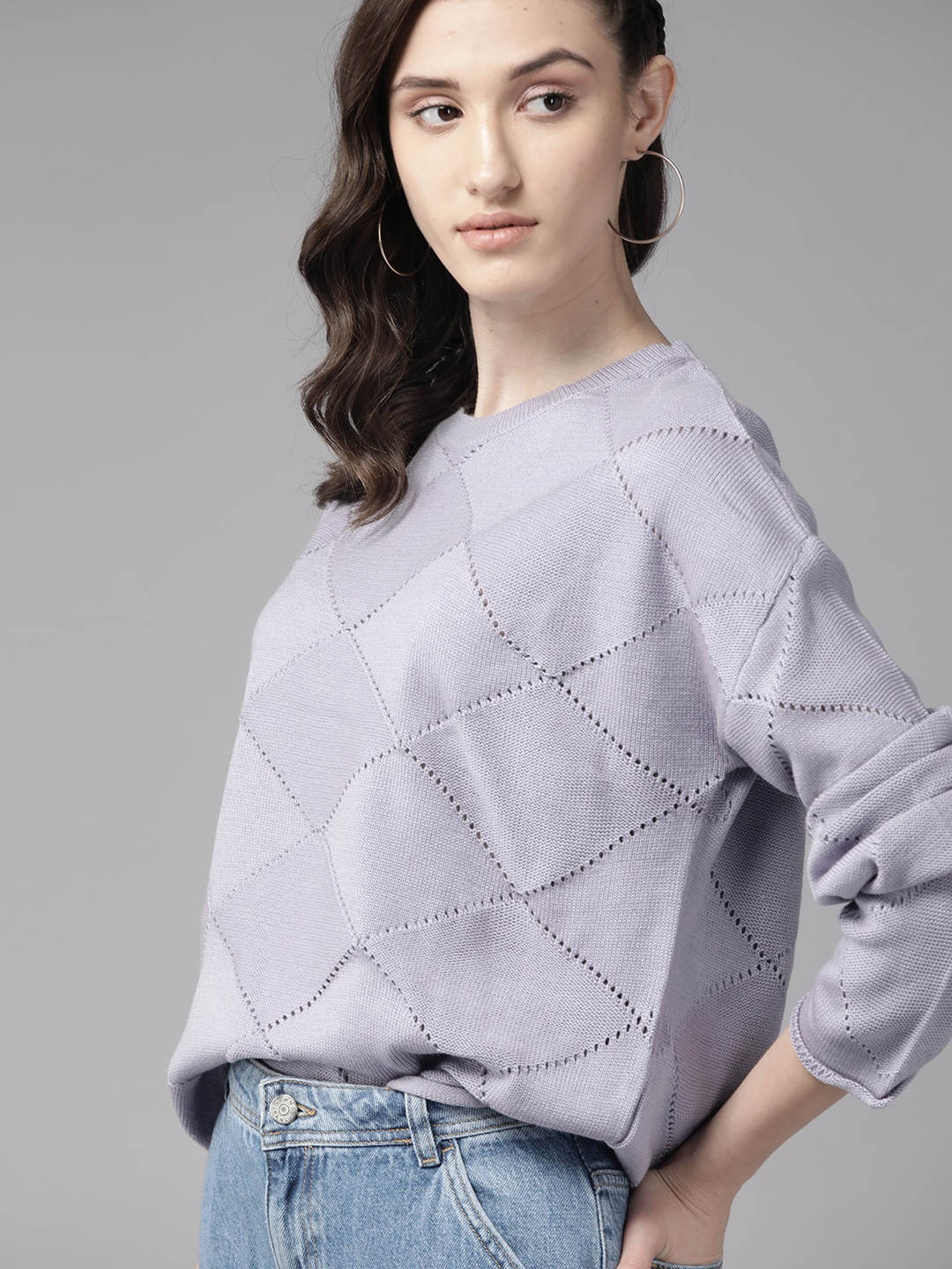

The Roadster Lifestyle Co. Women Lavender Self-Design Acrylic Sweater