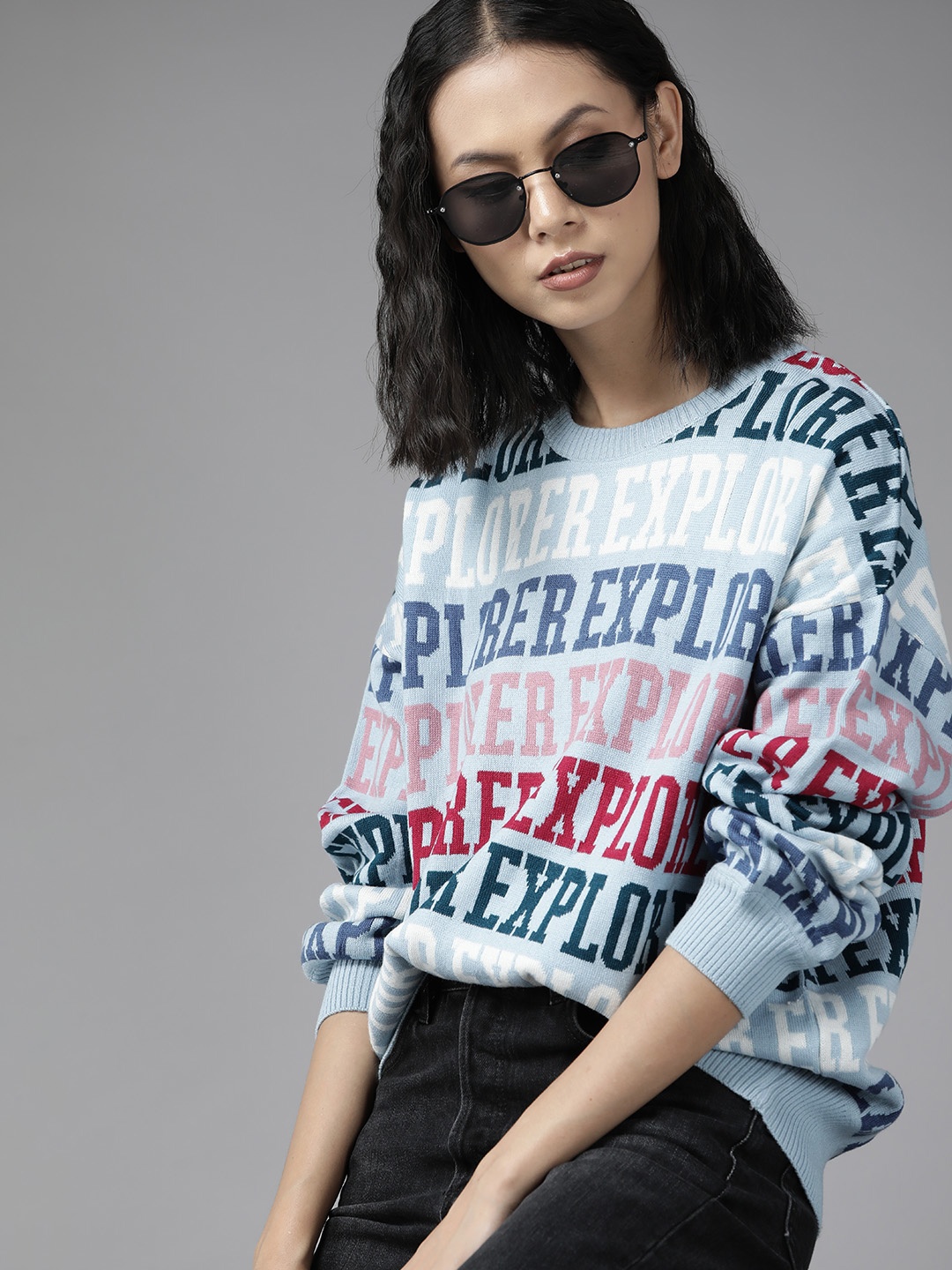

The Roadster Lifestyle Co. Women Blue & White Typography Pattern Acrylic Pullover