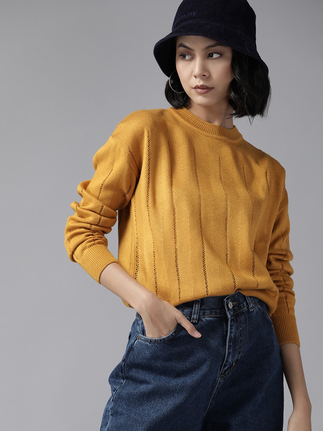 

The Roadster Lifestyle Co. Open Knit Drop-Shoulder Sleeves Acrylic Pullover, Mustard