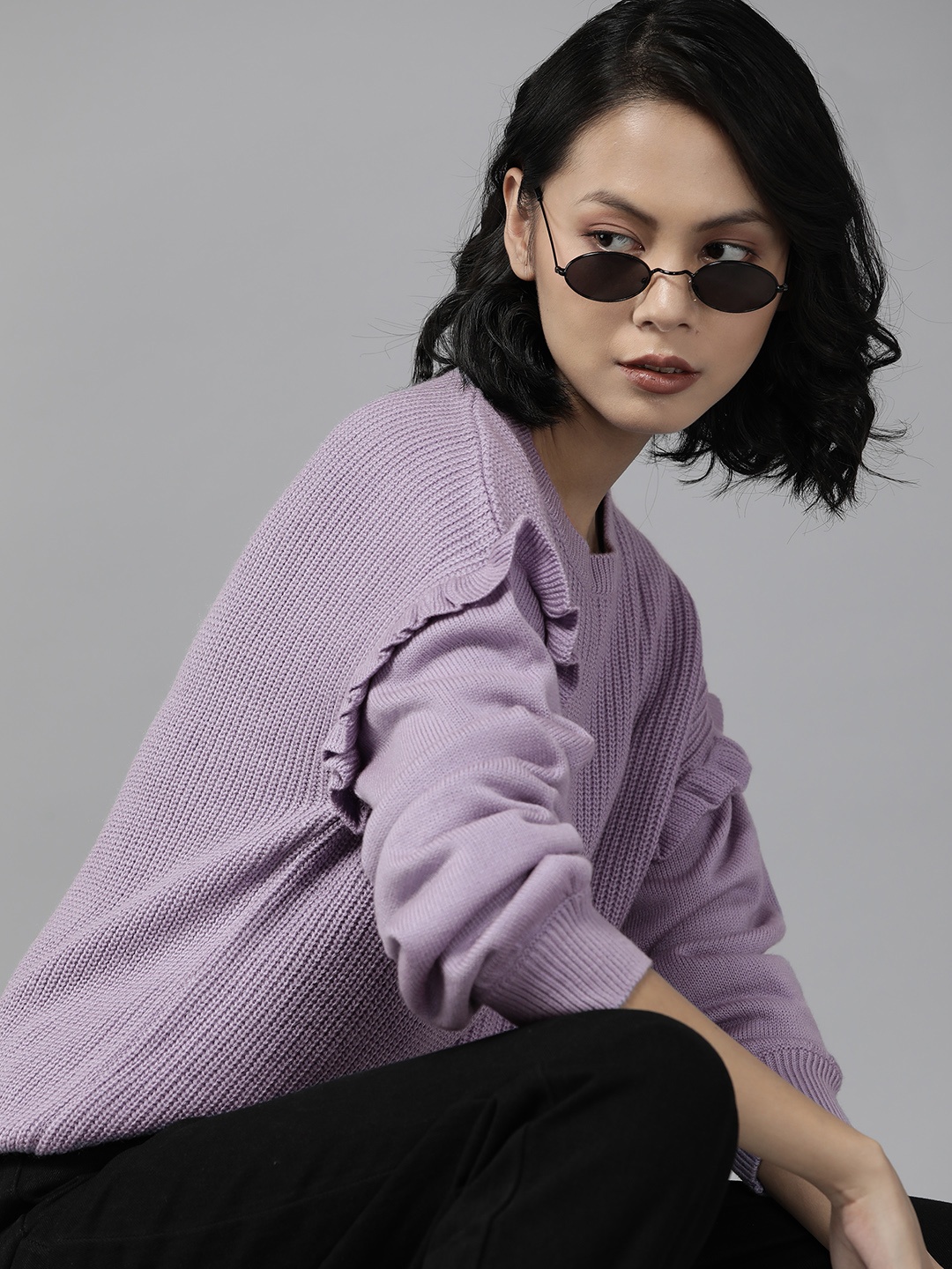 

The Roadster Lifestyle Co. Women Lavender Pure Acrylic Solid Ruffled Detail Pullover