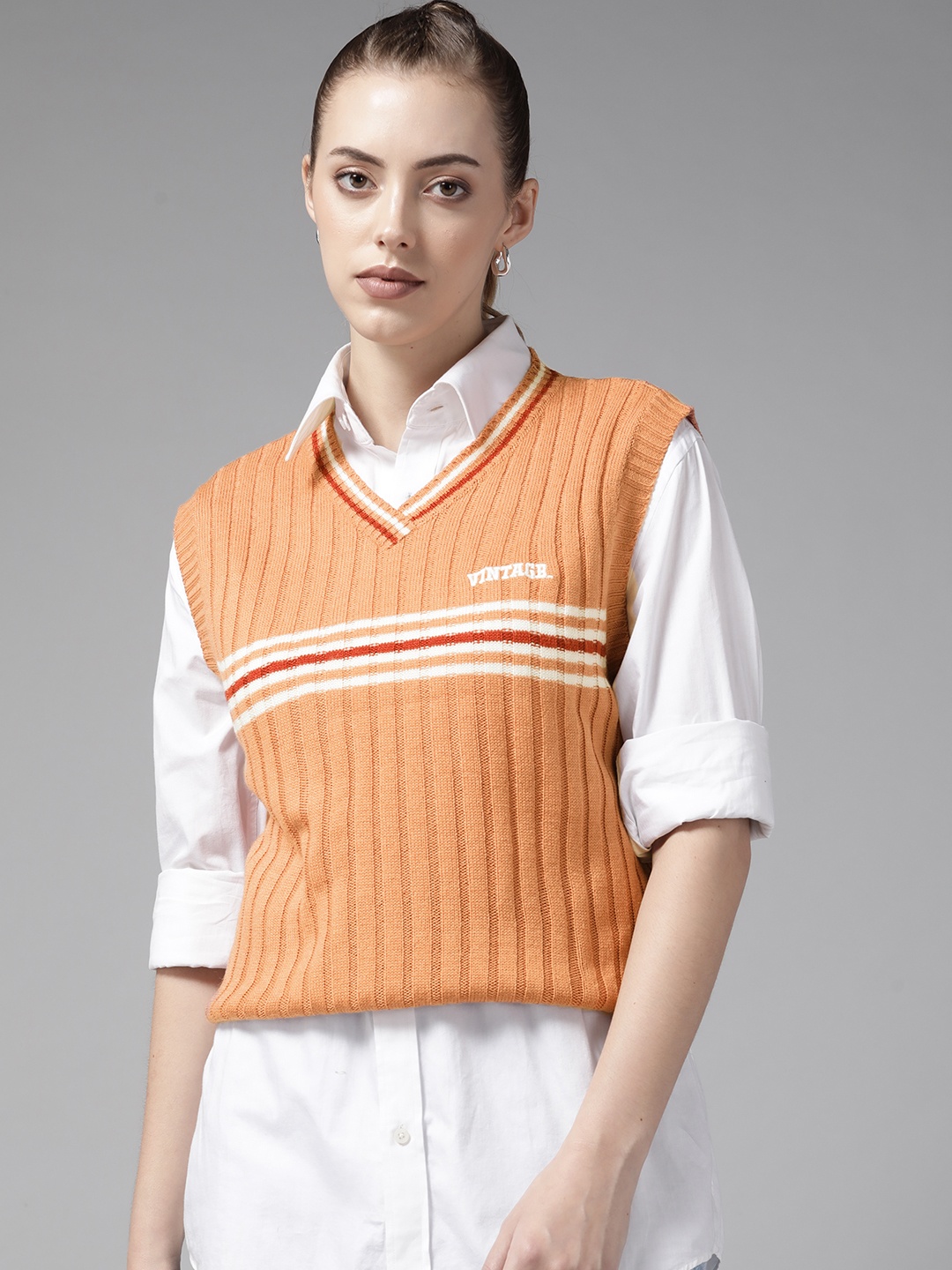 

Roadster Women Coral Striped Sweater Vest