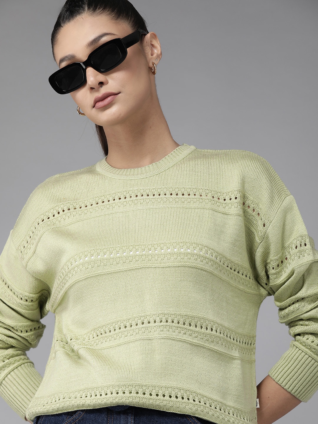 

Roadster Women Green Cable Knit Pullover