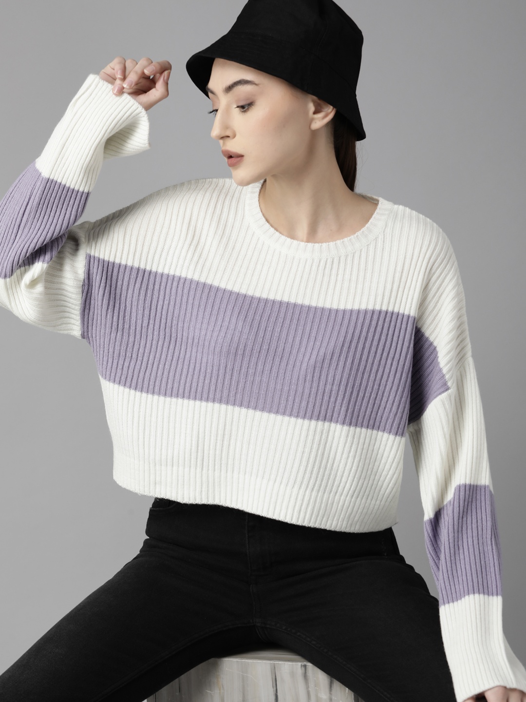 

Roadster Women White & Lavender Colourblocked Pullover Sweater