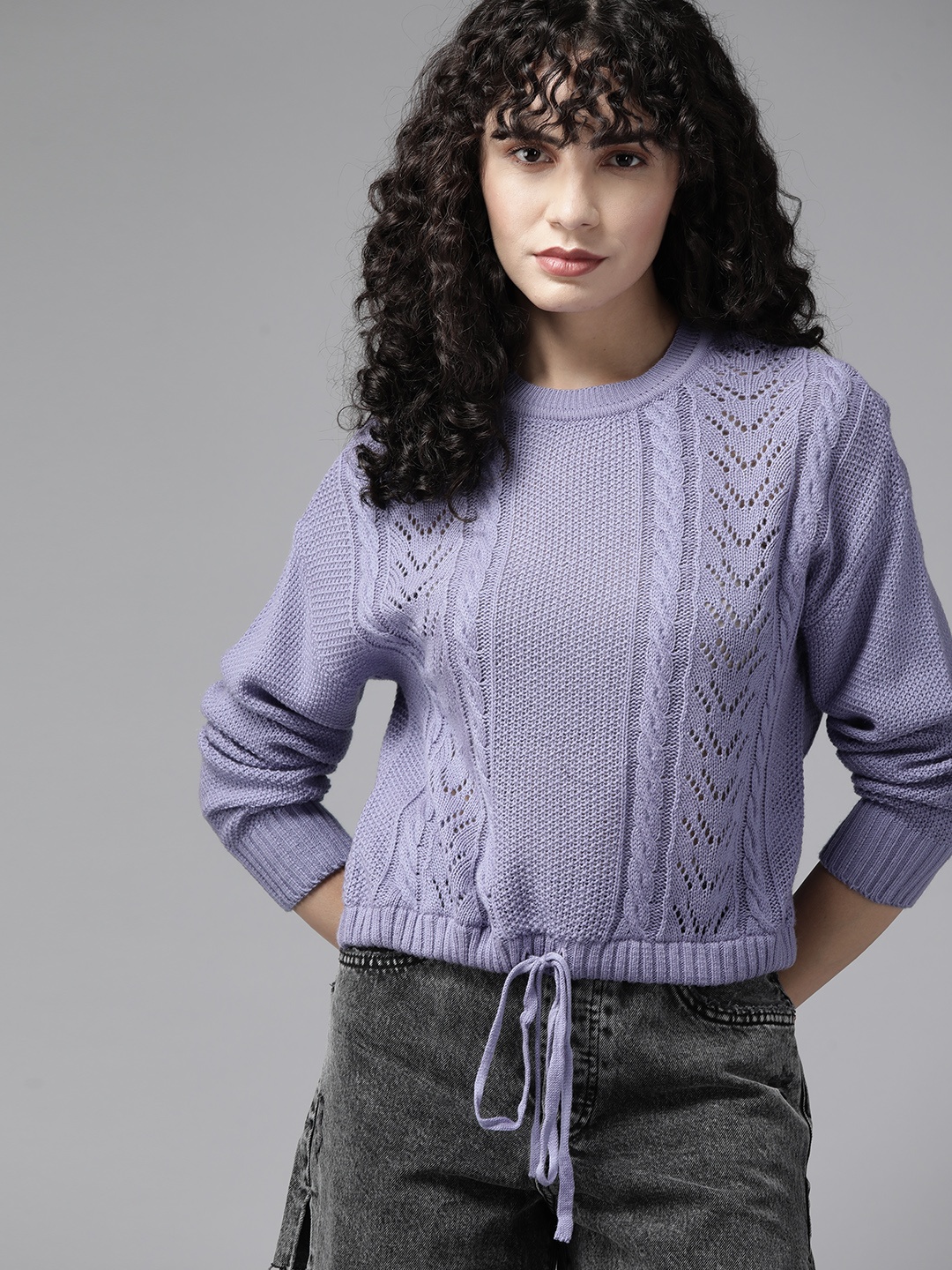 

The Roadster Lifestyle Co. Women Lavender Acrylic Open Knit Pullover