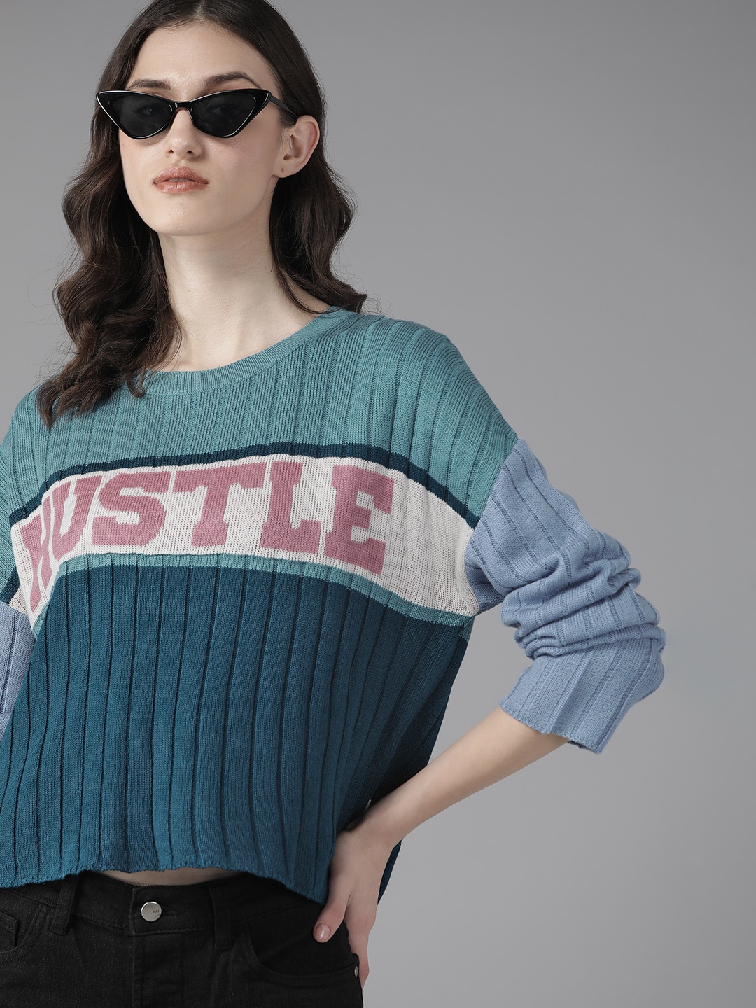 

The Roadster Lifestyle Co. Women Teal Green & Blue Colourblocked Acrylic Crop Pullover