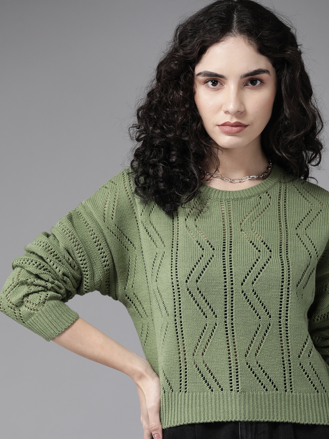 

Roadster Women Green Open-Knit Drop Shoulder Sleeves Pullover