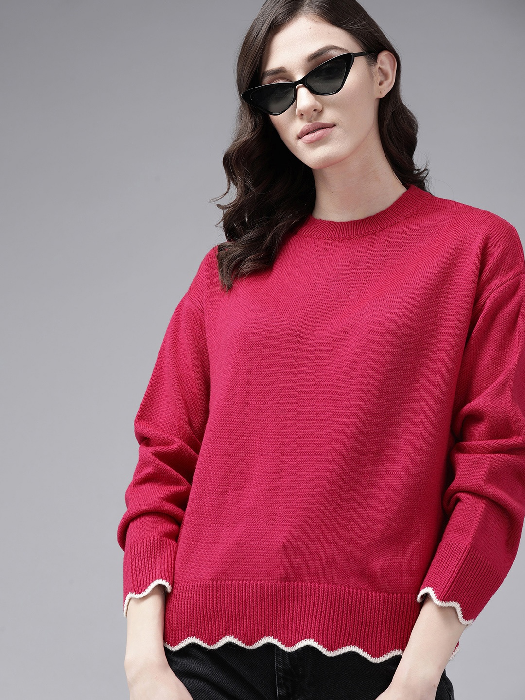 

The Roadster Lifestyle Co. Fuchsia Solid Acrylic Drop-Shoulder Sleeves Pullover