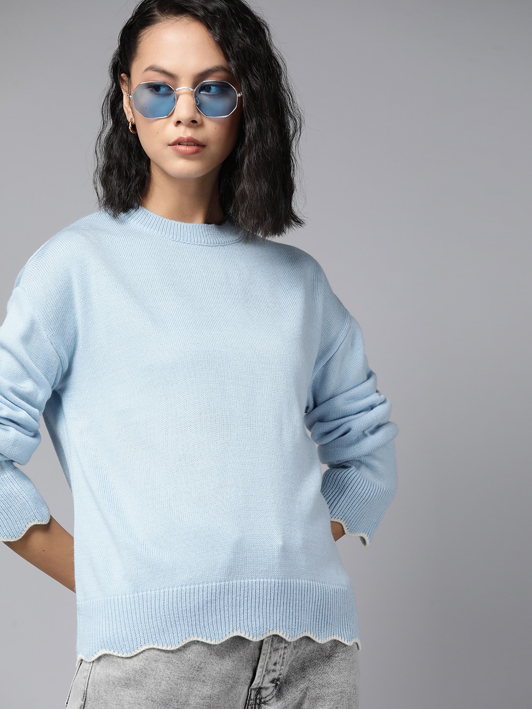 

The Roadster Lifestyle Co. Women Blue Pure Acrylic Solid Pullover