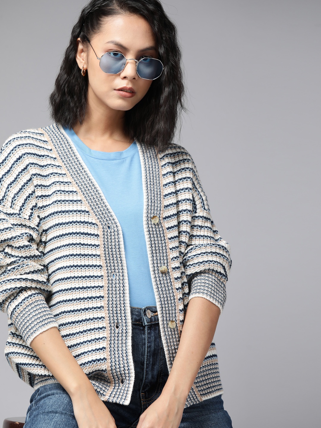 

The Roadster Lifestyle Co. Women Off White & Blue Striped Cardigan