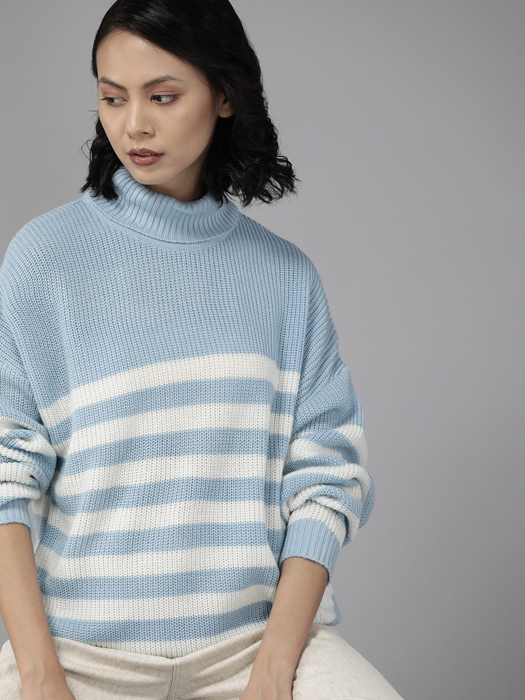 

The Roadster Lifestyle Co. Women Blue & White Pure Acrylic Striped Pullover
