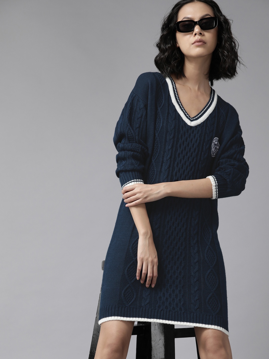 

The Roadster Lifestyle Co. Navy Blue Acrylic Cable Knit Sweater Dress