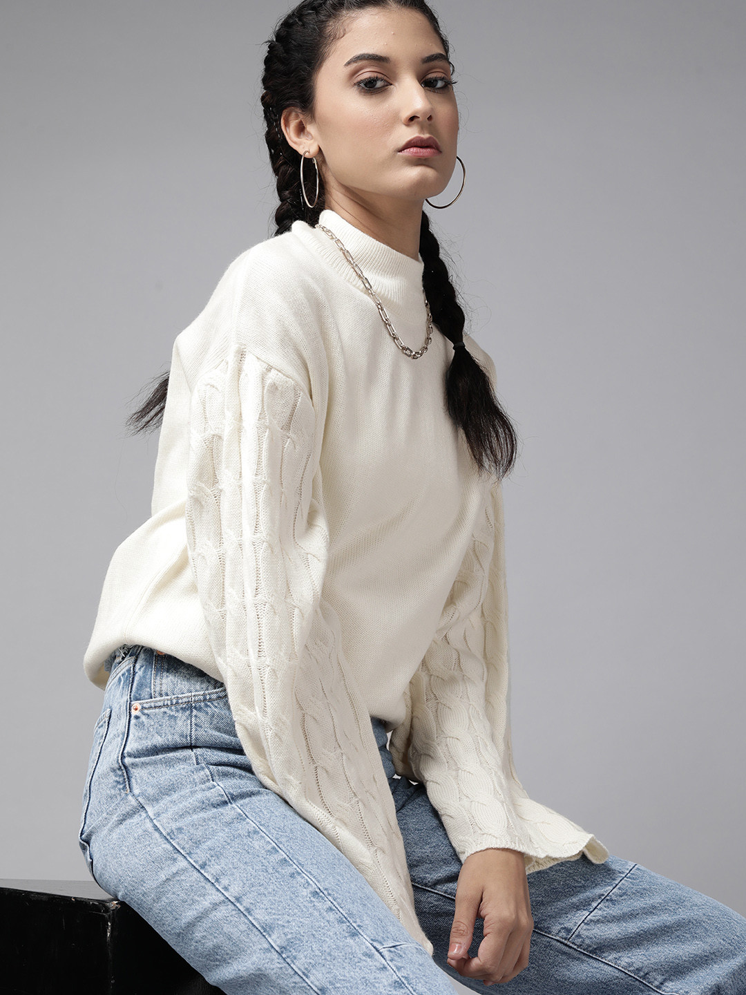

Roadster Women Off-White Cable Knit Pullover