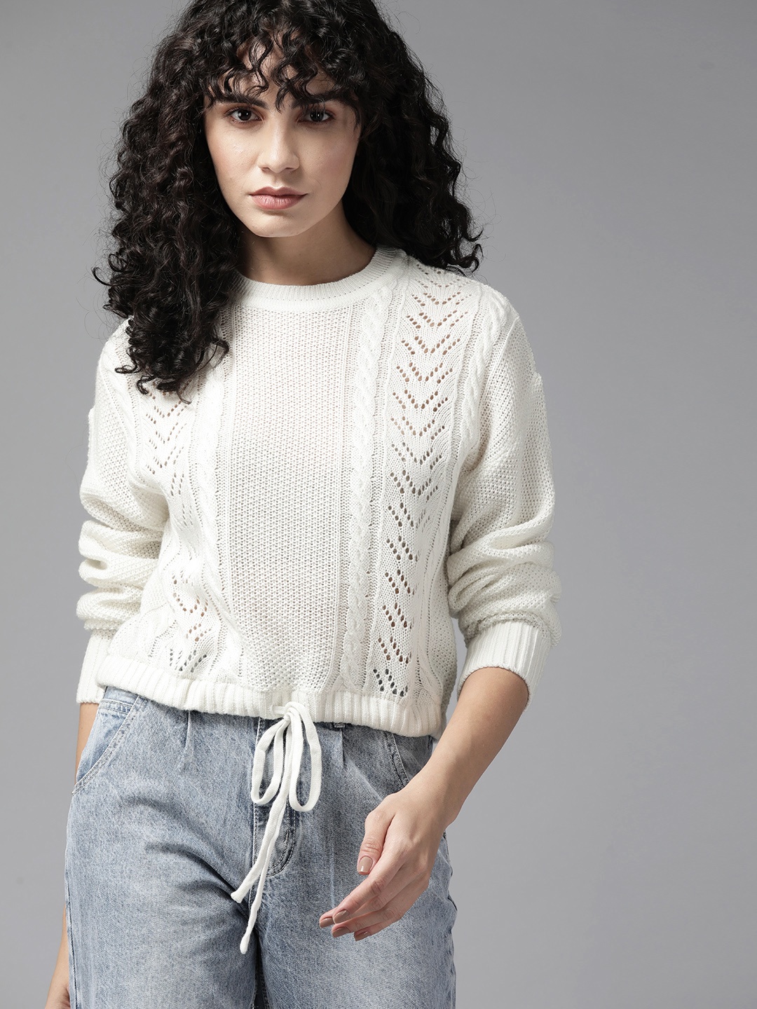 

The Roadster Lifestyle Co. Women Off White Acrylic Open Knit Pullover