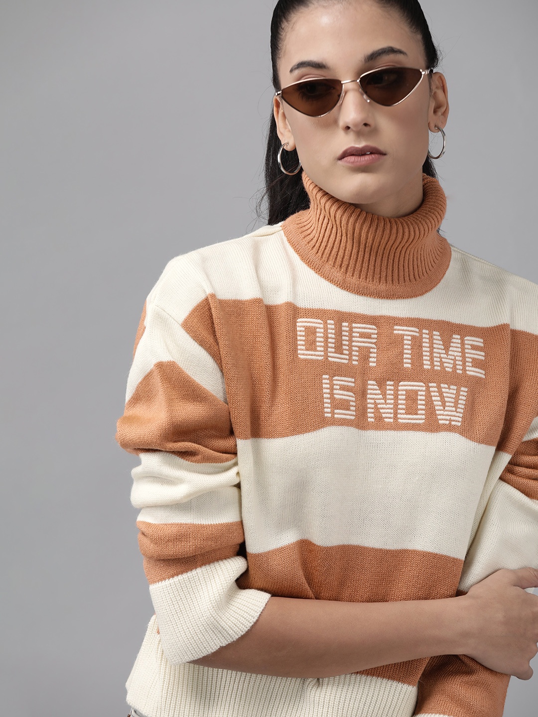 

Roadster Women Coral Orange & Off White Colourblocked Pullover