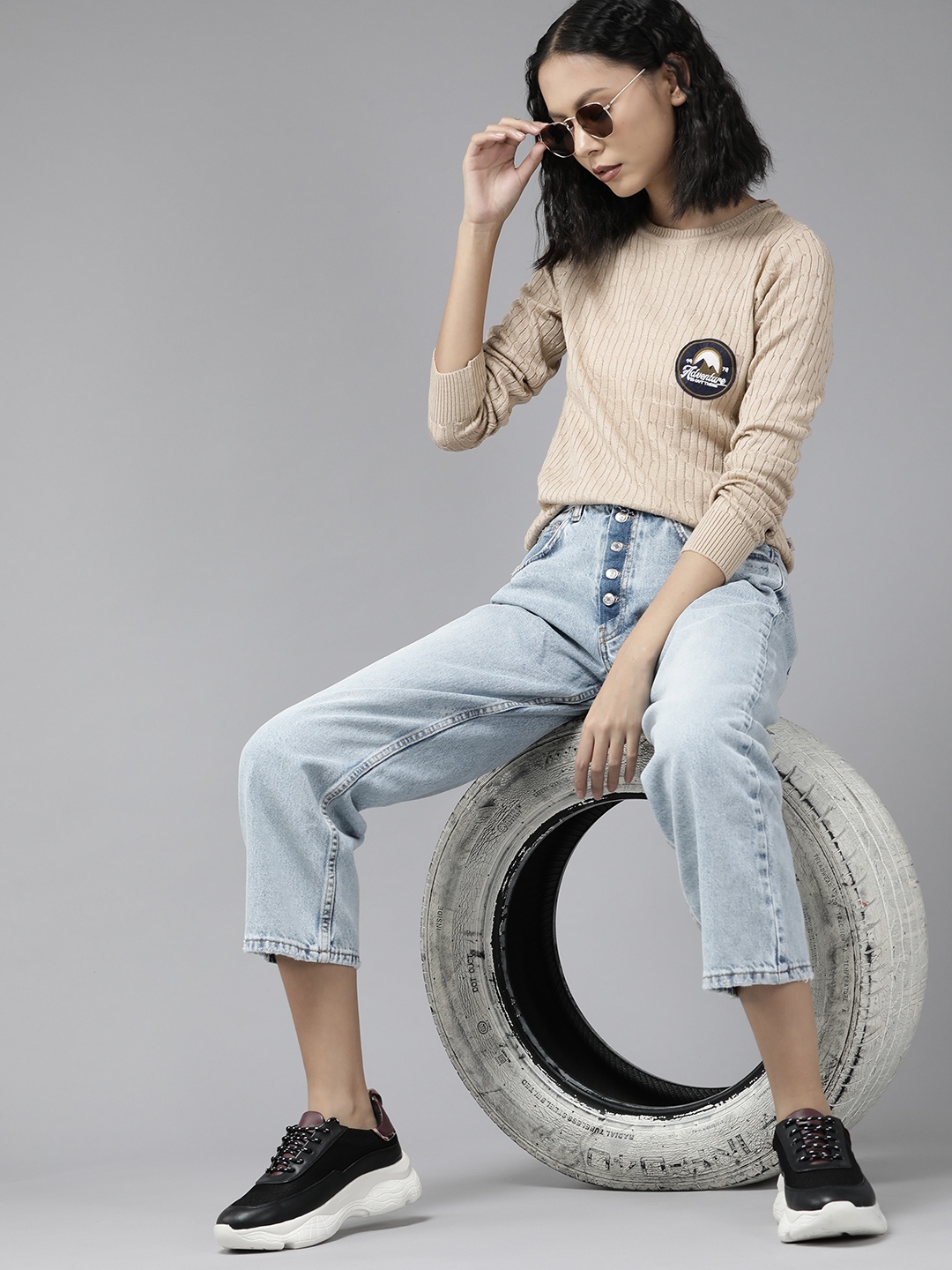 The Roadster Lifestyle Co. Women Beige Cable Knit Pullover with Applique Detail