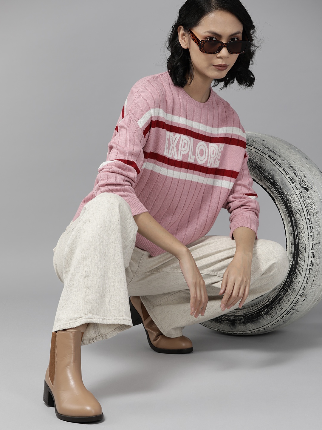 

The Roadster Lifestyle Co. Women Pink Pure Acrylic Striped Pullover