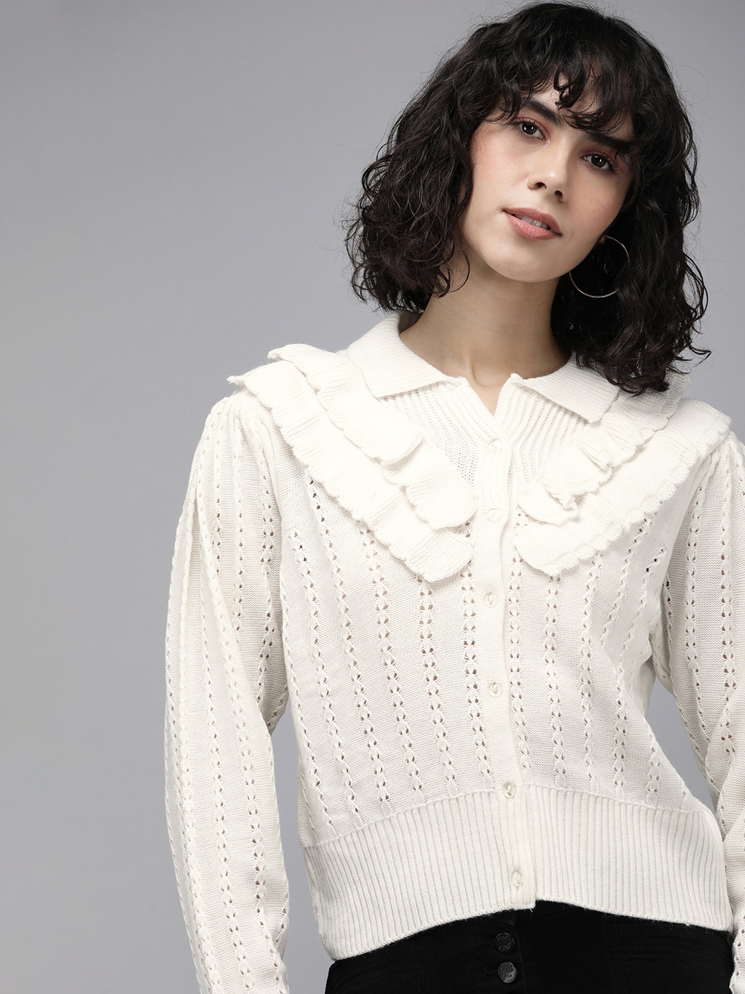 

The Roadster Lifestyle Co. Acrylic Self Design Cable Knit Ruffle Detail Cardigan Sweaters, Off white