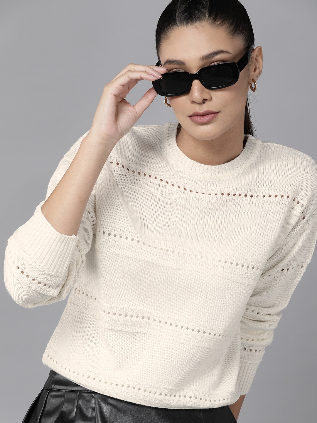 

Roadster Women Off White Cable Knit Pullover