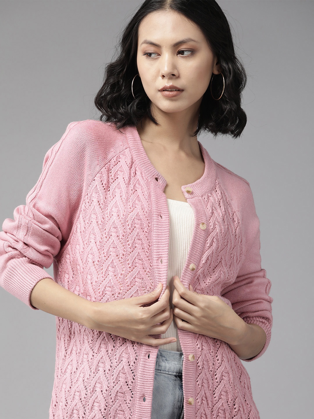 

The Roadster Lifestyle Co. Women Pink Open Knit Acrylic Cardigan