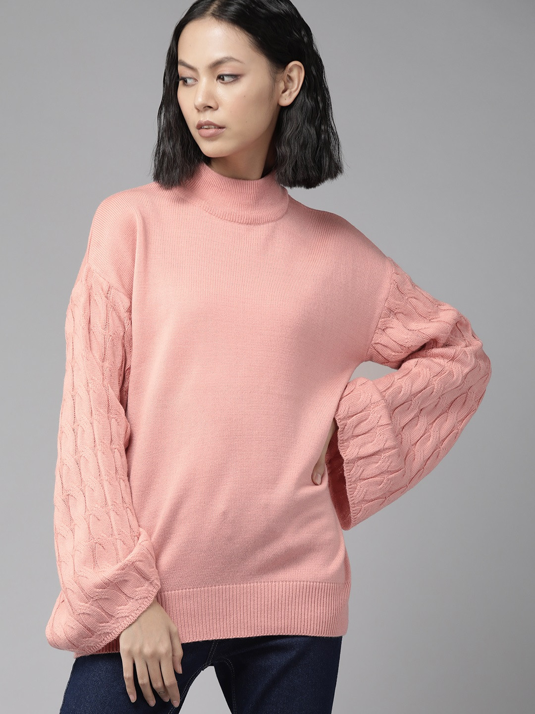 

Roadster Women Peach-Coloured Acrylic High Neck Flared Sleeve Pullover