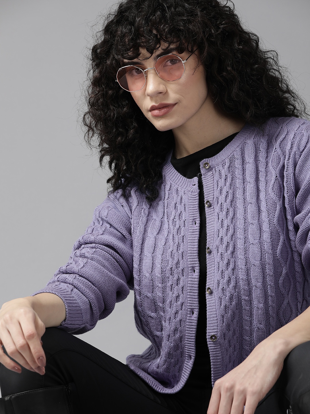 

The Roadster Lifestyle Co. Women Cable Knit Cardigan, Lavender