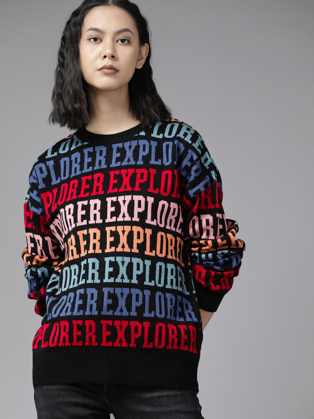 

The Roadster Lifestyle Co. Women Black & Red Typography Pattern Acrylic Pullover
