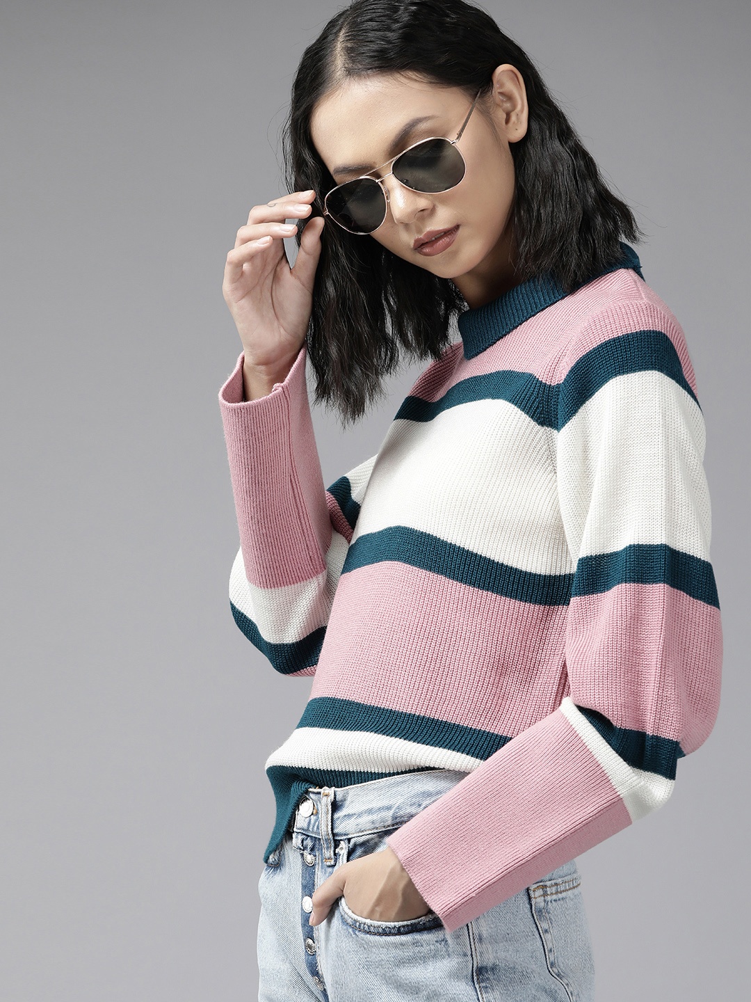 

The Roadster Lifestyle Co. Women Pink & White Striped Acrylic Turtle Neck Pullover
