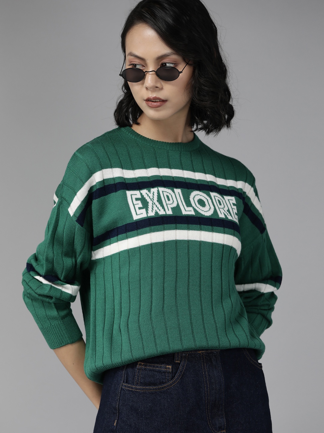 

The Roadster Lifestyle Co. Women Green Pure Acrylic Striped Pullover