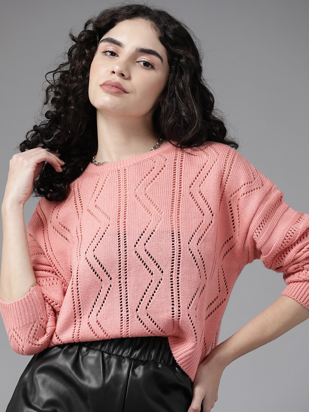 

Roadster Women Peach-Coloured Open-Knit Drop Shoulder Sleeves Pullover